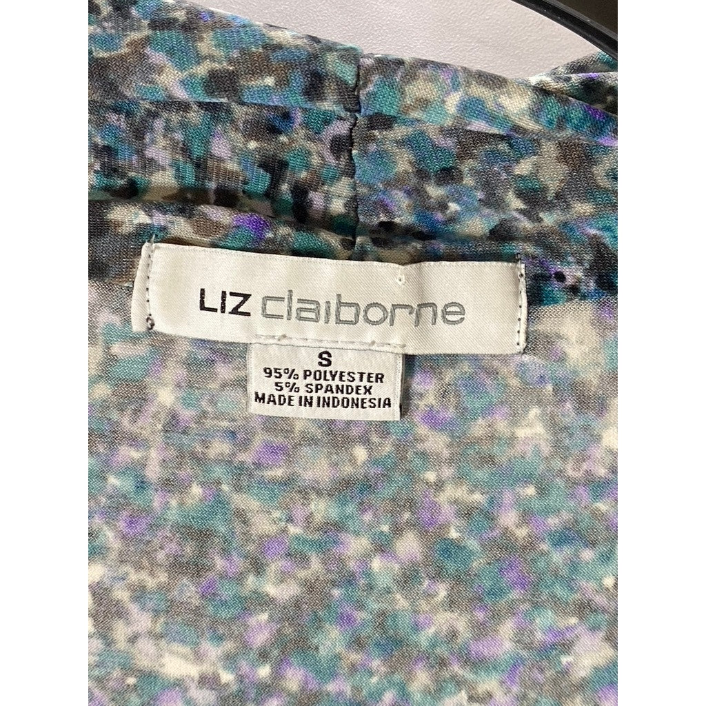 LIZ CLAIBORNE Women's Blue Floral V-Neck Twist-Front 3/4 Sleeve Top SZ S
