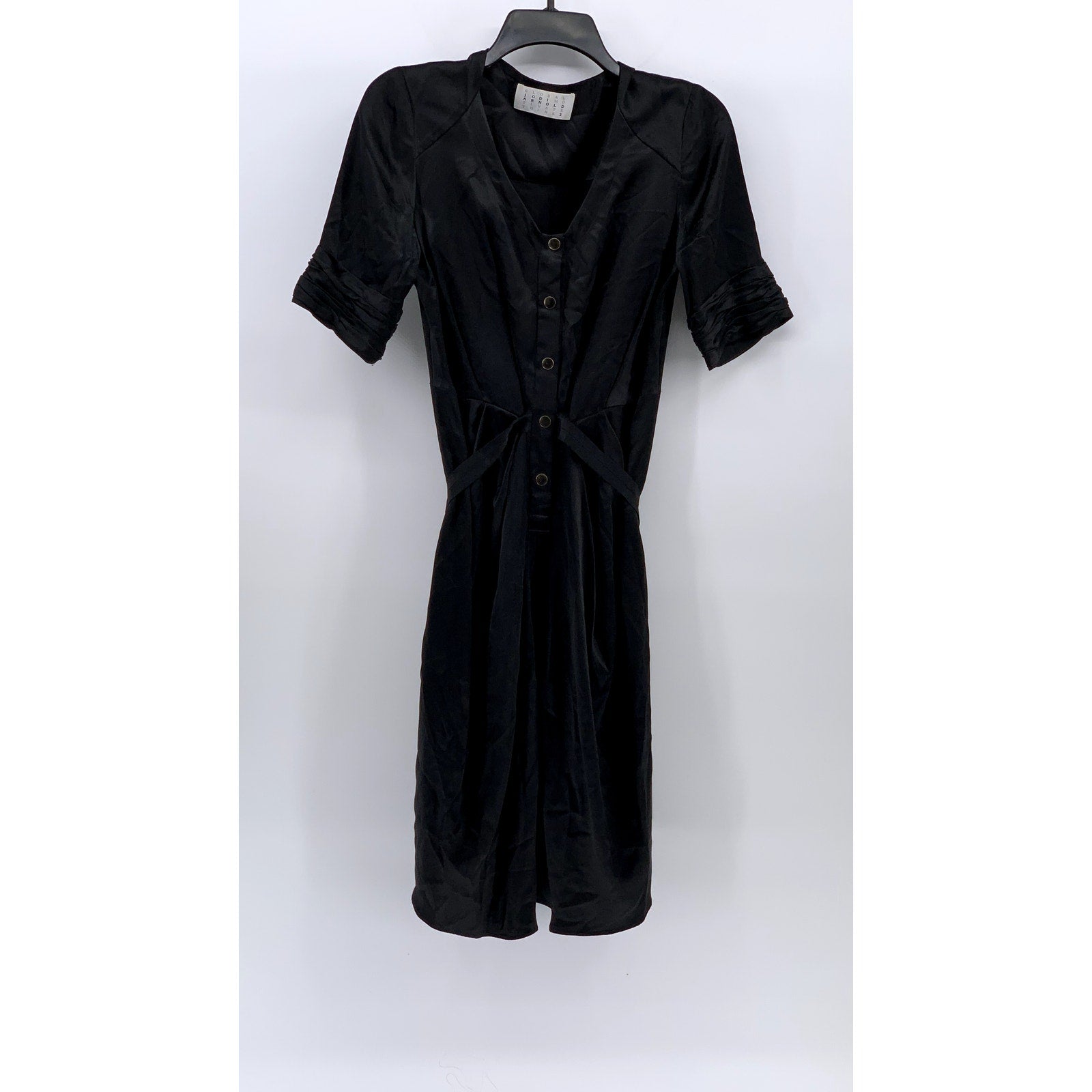 JODI ARNOLD Women's Black Silk Belted Elbow Sleeve Button-Up V-Neck Dress SZ 2