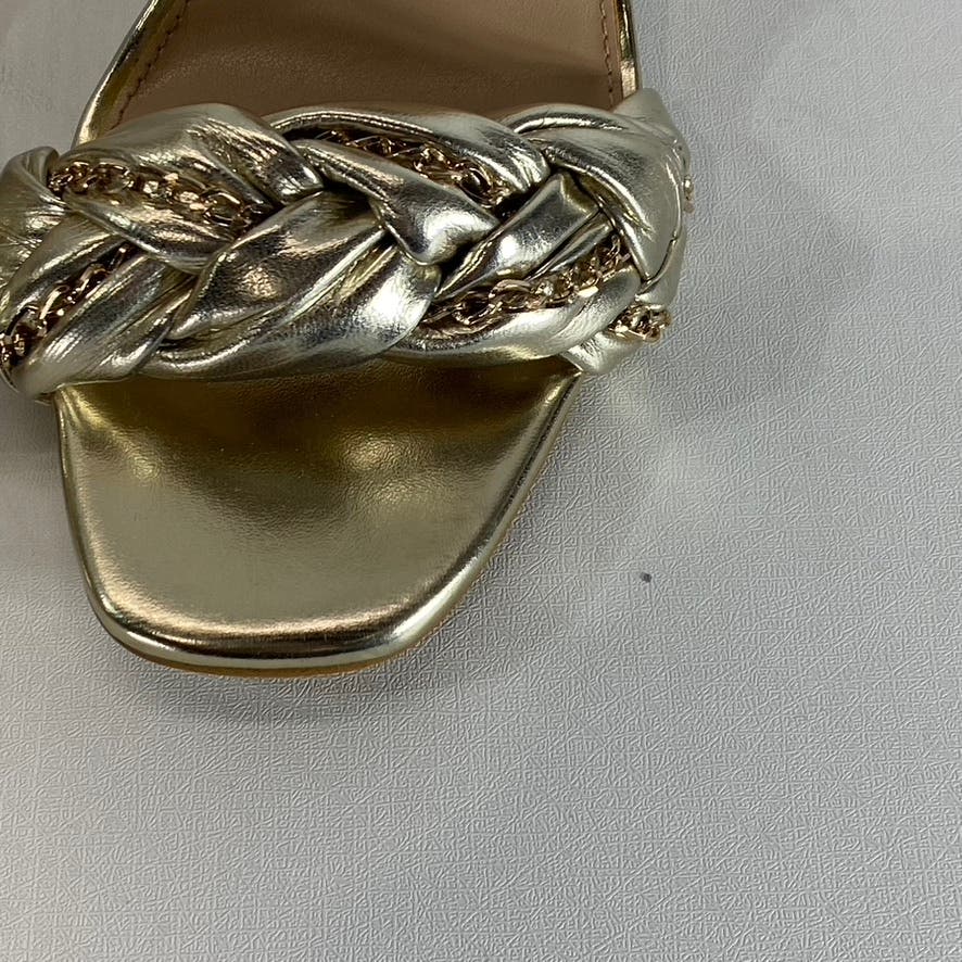 BCBGENERATION Women's Gold Metallic Isabel Braided Chain Heeled Sandals SZ 8