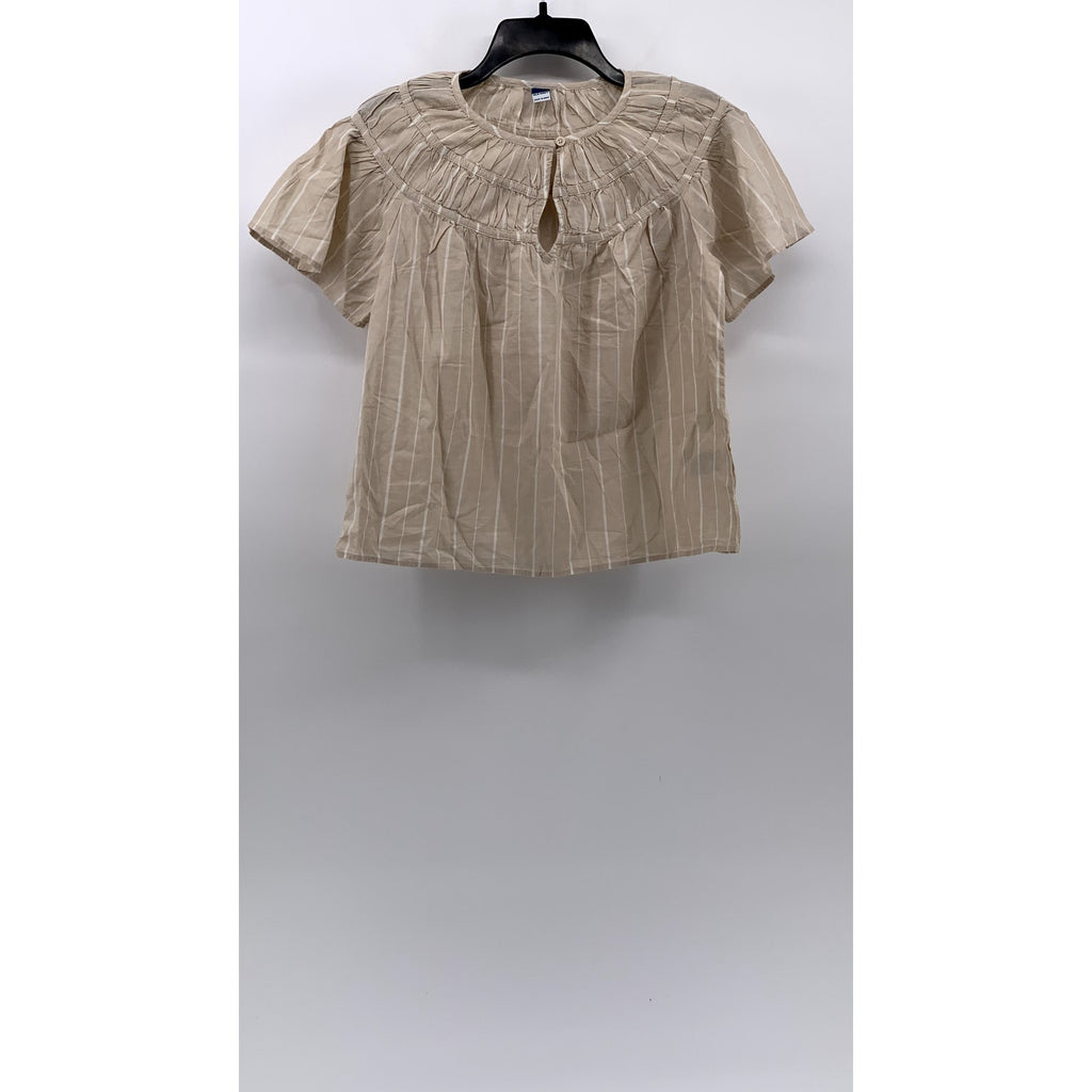 OLD NAVY Women's Beige-White Striped Shirred Flutter-Sleeve Keyhole Top SZ S