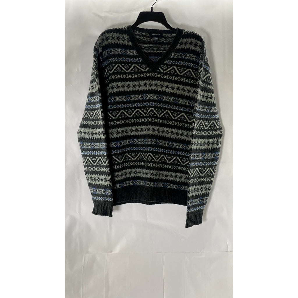 NAUTICA Men's Gray/Blue Fair Isle Printed V-Neck Wool Pullover Sweater SZ L