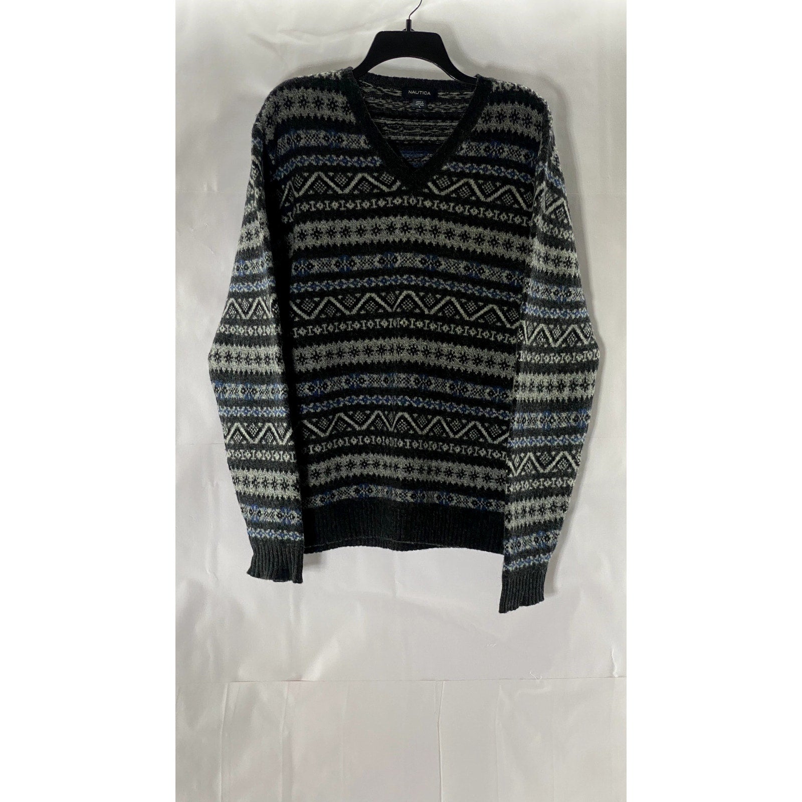 NAUTICA Men's Gray/Blue Fair Isle Printed V-Neck Wool Pullover Sweater SZ L