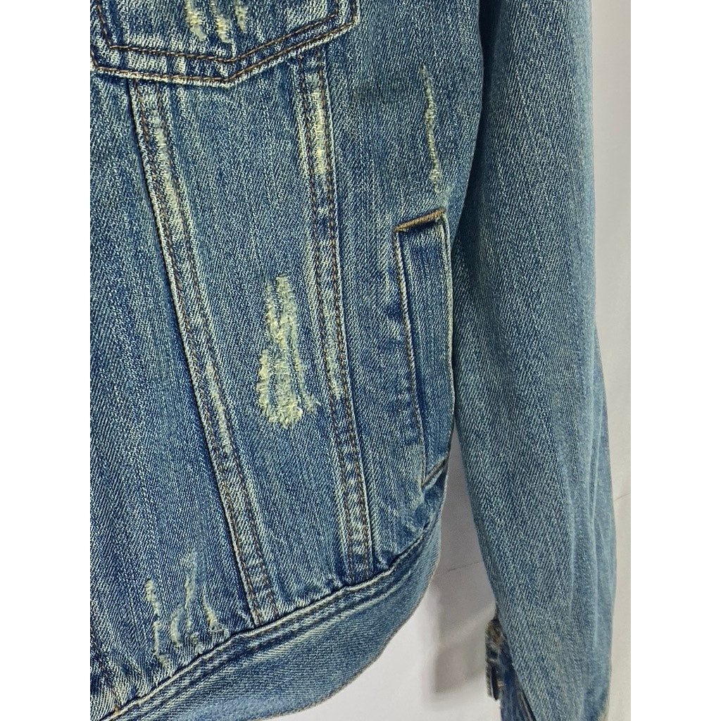 FOREVER 21 Women's Blue Denim Custom Studded Distressed Button-Up Jacket SZ S