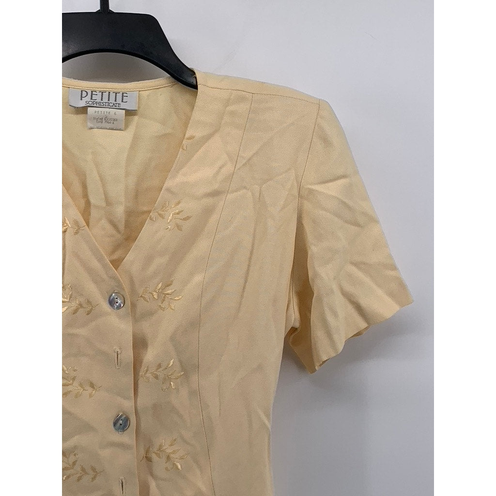 PETITE SOPHISTICATE Women's Yellow Vintage Button-Up Short Sleeve Top SZ 6P