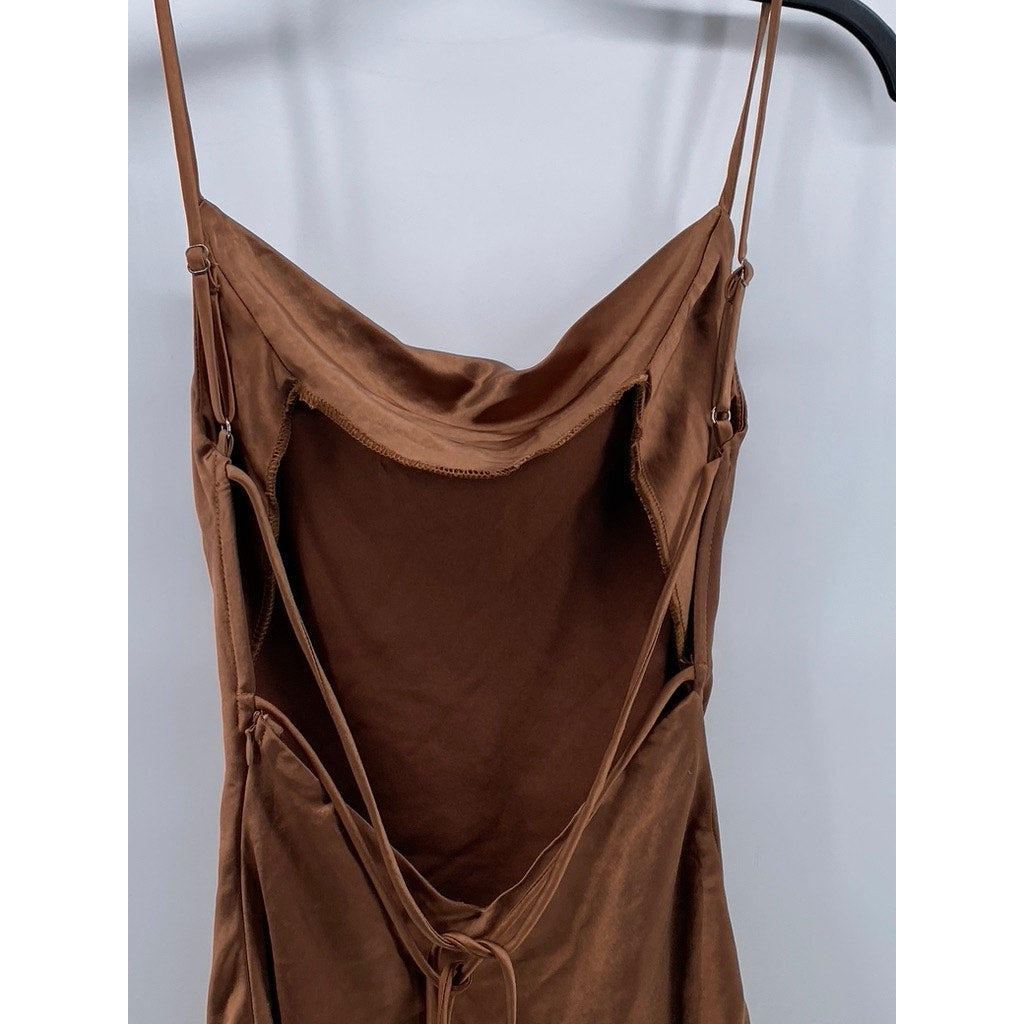 PRINCESS POLLY Women's Brown Satin Cowl-Neck Open Back Mini Dress SZ 0