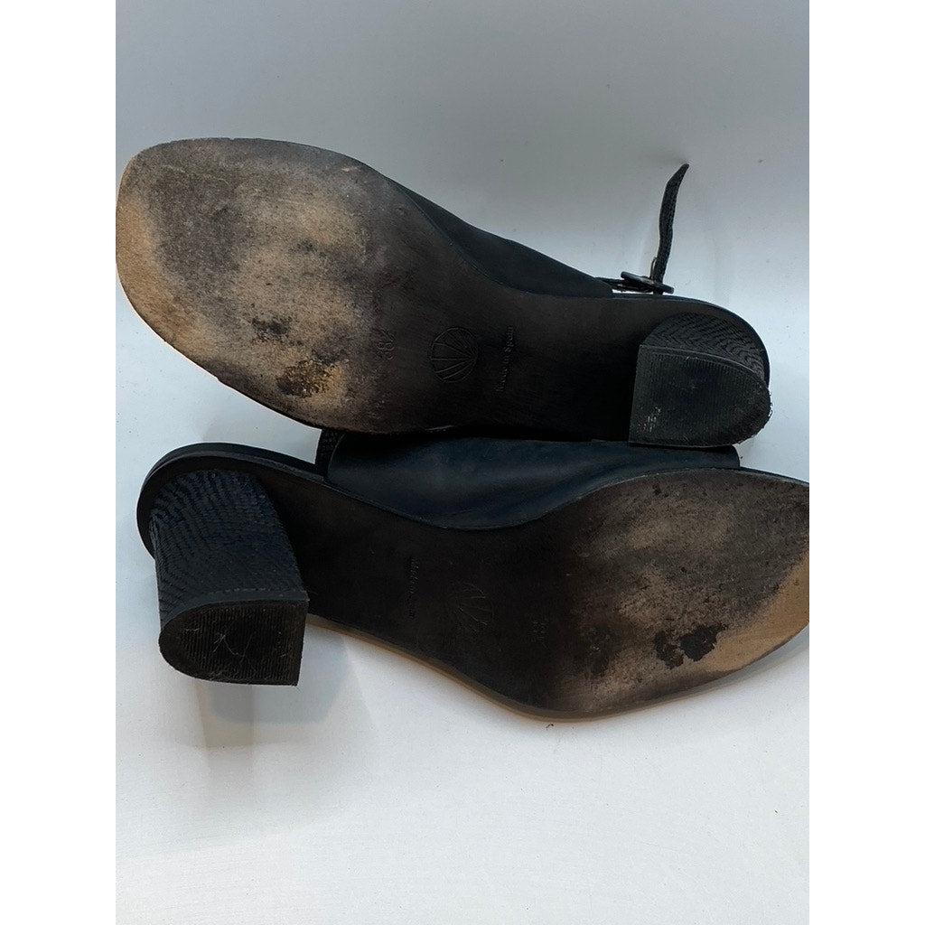 COCLICO Women's Black Leather Square Peep-Toe Heeled Sandals SZ 38.5(US8.5)