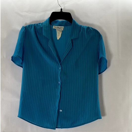SO WHAT! Of California Women's Blue Striped V-Neck Button-Up Blouse SZ M