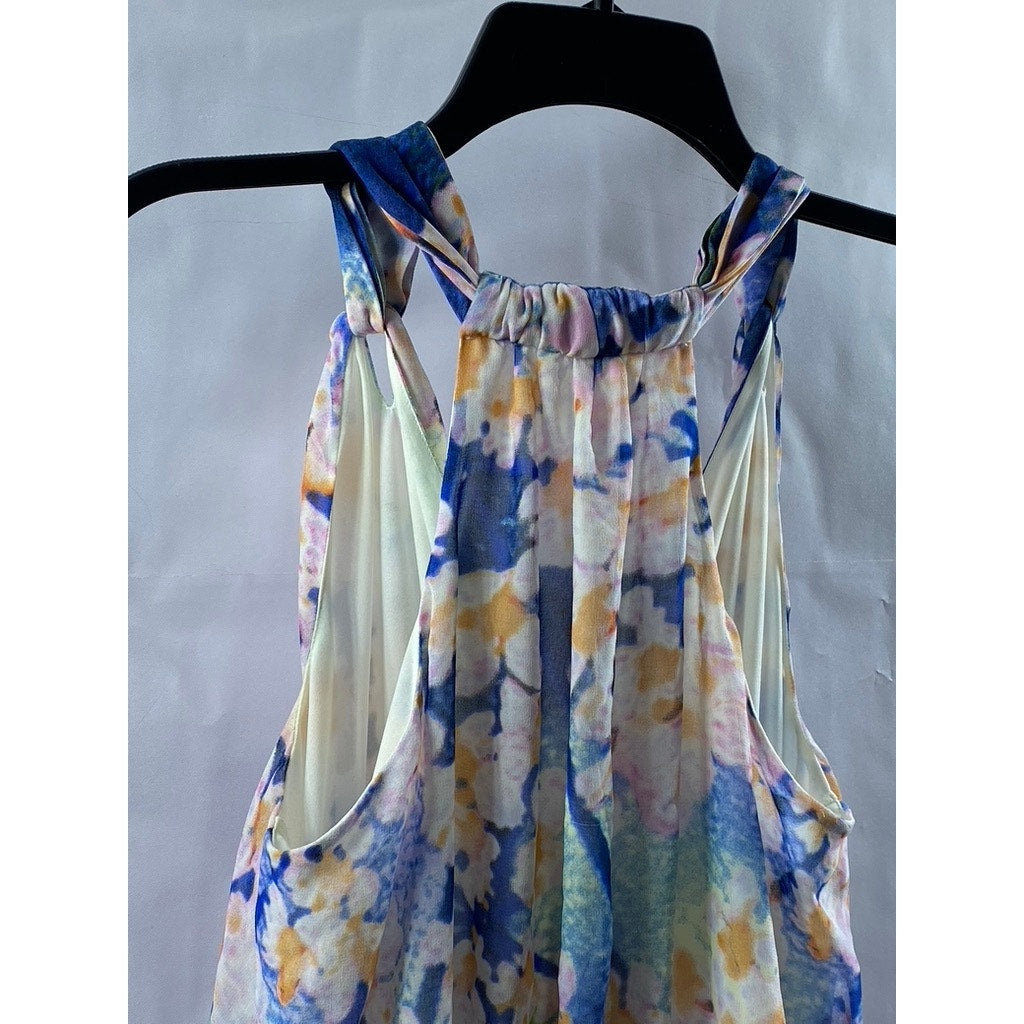 SHENDEL Women's Blue-Orange Floral Surplice Sleeveless Knee Length Dress SZ US10