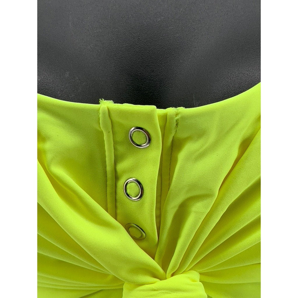 NO BOUNDARIES Women's Neon Green Button-Up Tie-Front Bikini Top SZ M
