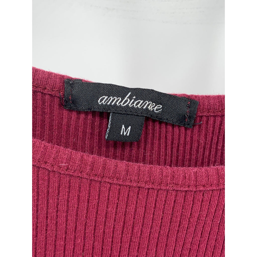 AMBIANCE Women's Burgundy Ribbed High-Neck Halter Sleeveless Top SZ M