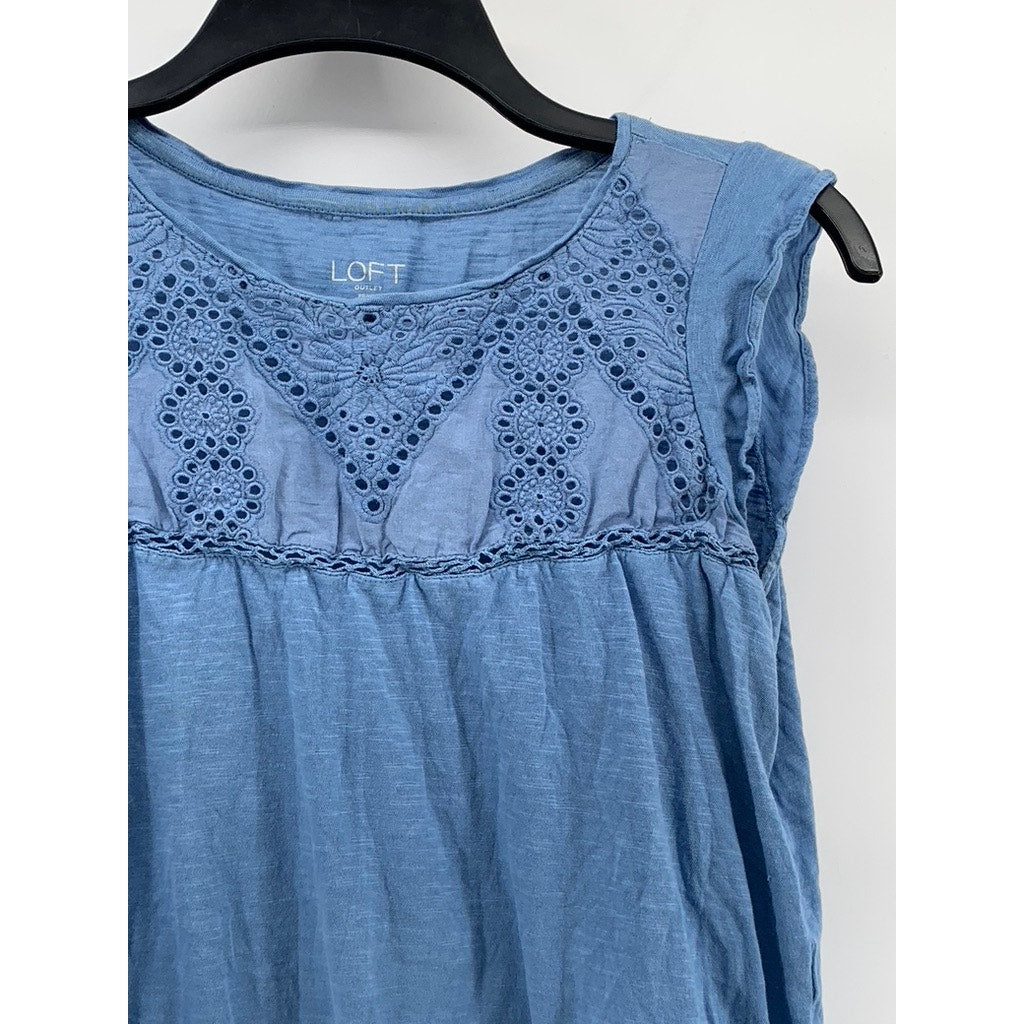 LOFT OUTLET Women's Petite Blue Eyelet Floral Scoop-Neck Short Sleeve Top SZ SP