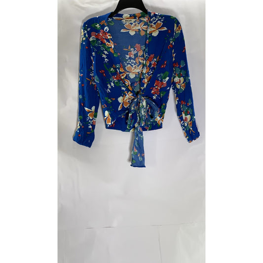 ROLLA'S Women's Royal Blue Floral Delilah Wrap Long Sleeve Top SZ S