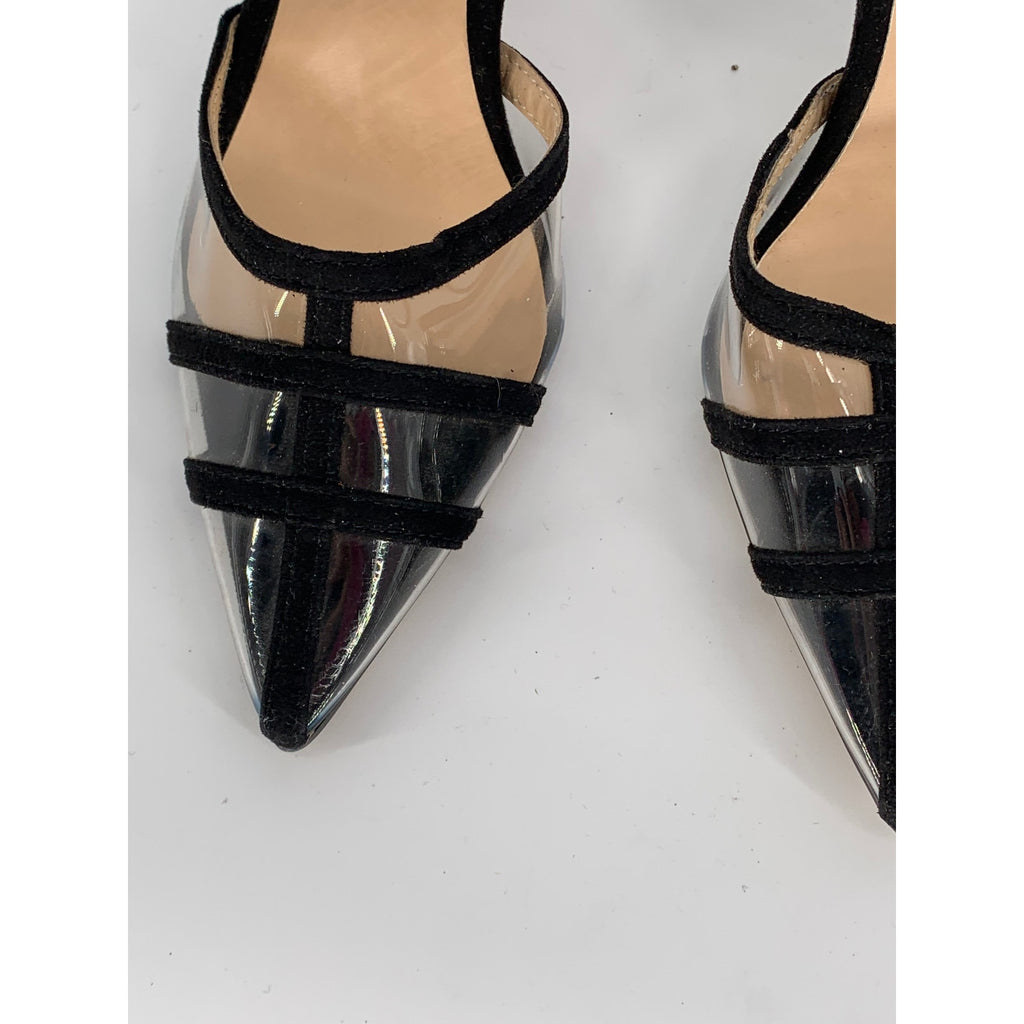 JOJO FOX Women's Black-Clear Pointed-Toe Ankle-Strap Stiletto Pumps SZ 6
