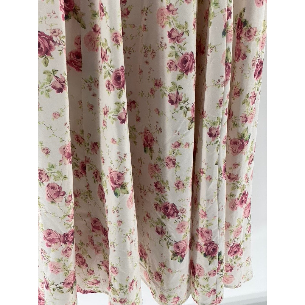UNBRANDED Women's White-Pink Floral Sweetheart-Neck Side Slit Maxi Dress SZ M