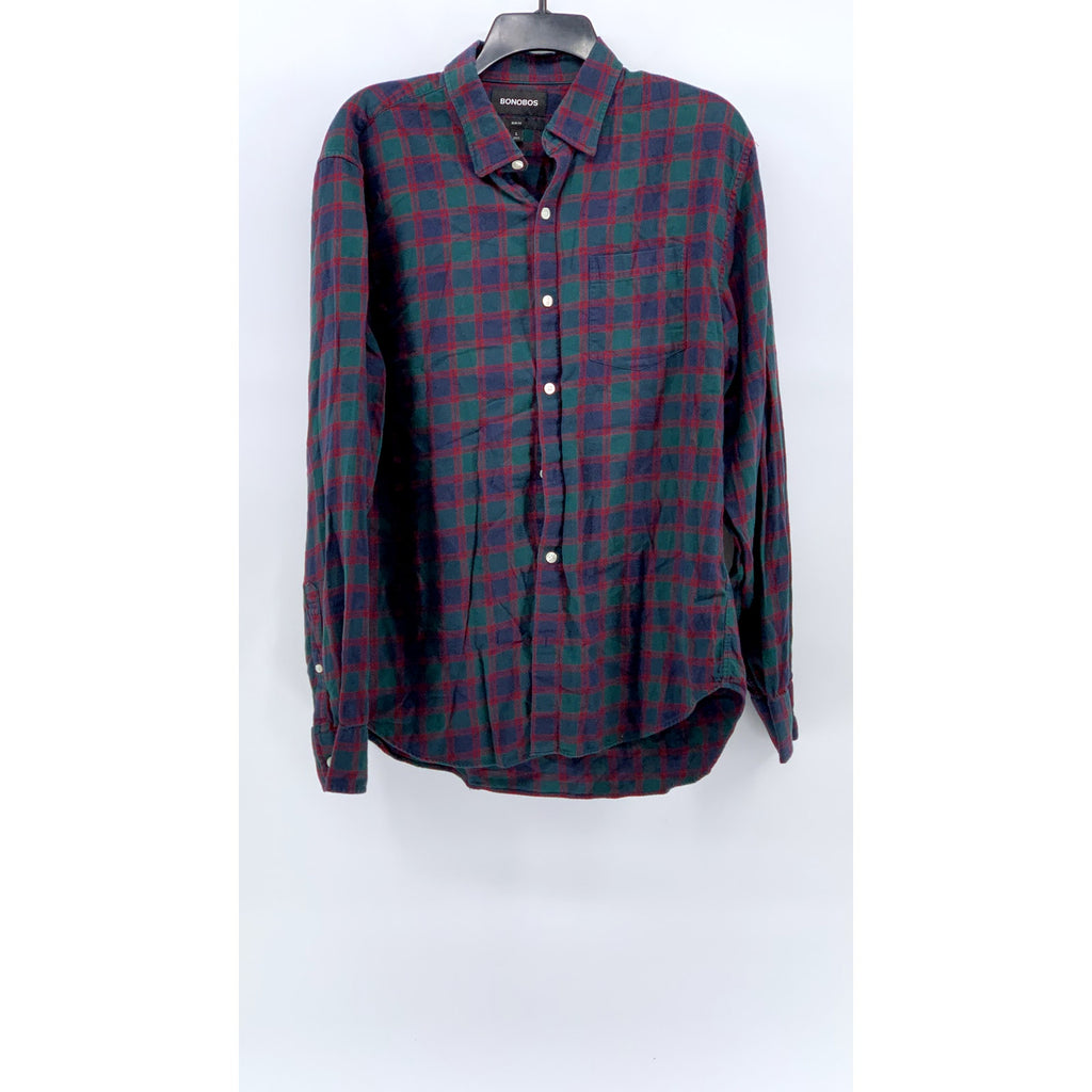BONOBOS Men's Green-Blue-Red Button-Up Slim-Fit Flannel Long Sleeve Shirt SZ L
