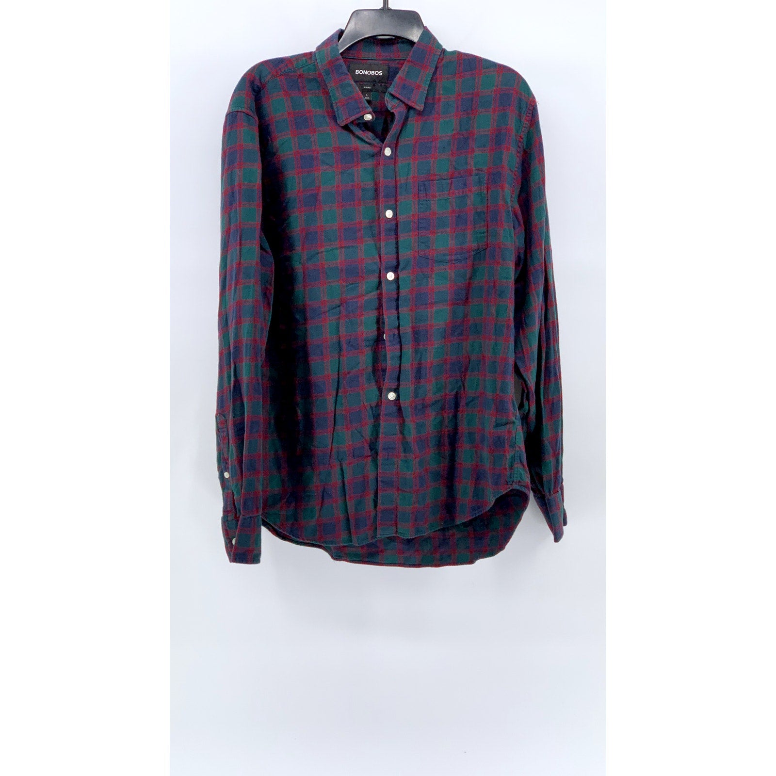 BONOBOS Men's Green-Blue-Red Button-Up Slim-Fit Flannel Long Sleeve Shirt SZ L