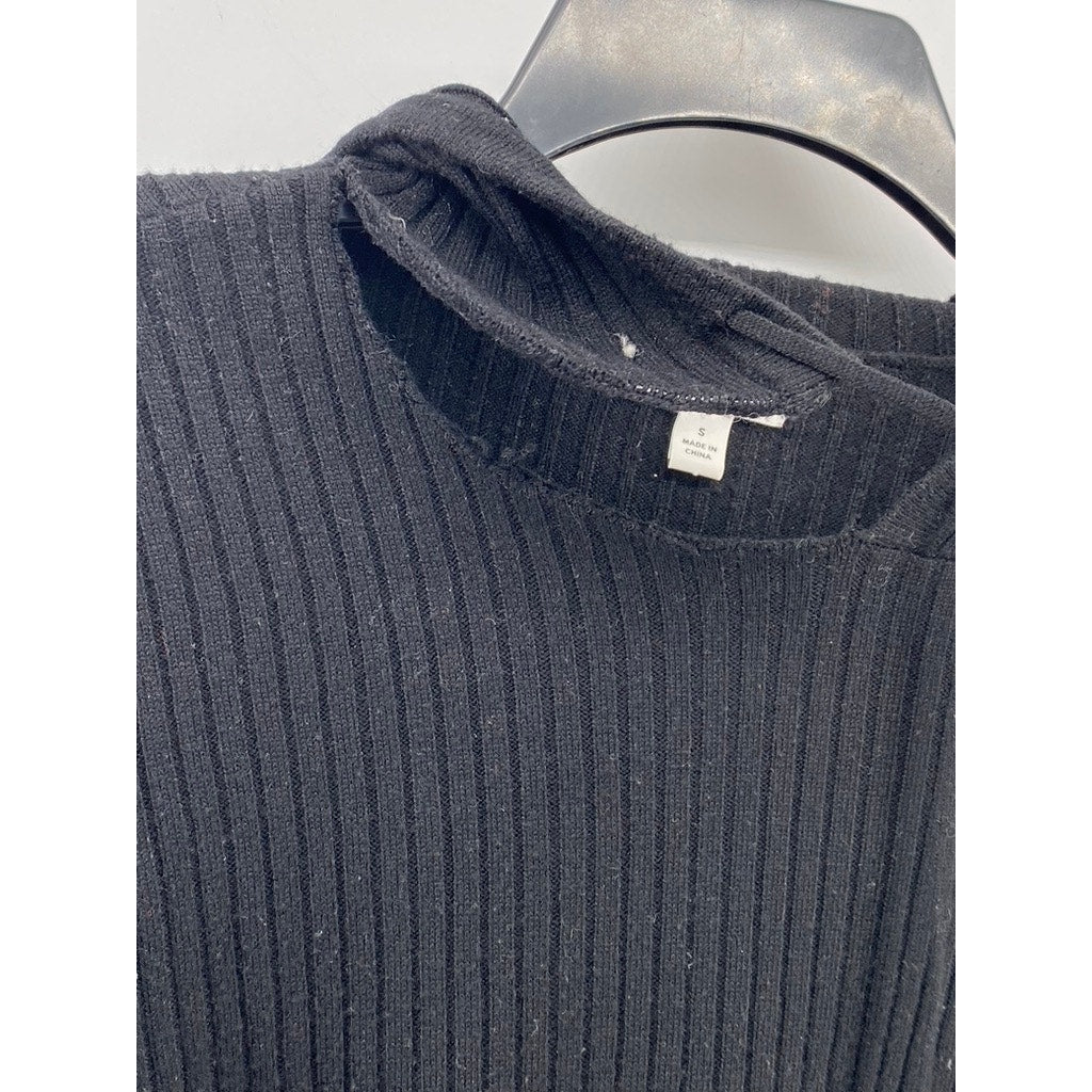 THE DROP Women's Black Wide-Rib Hooded Long Sleeve Pullover Sweater SZ S