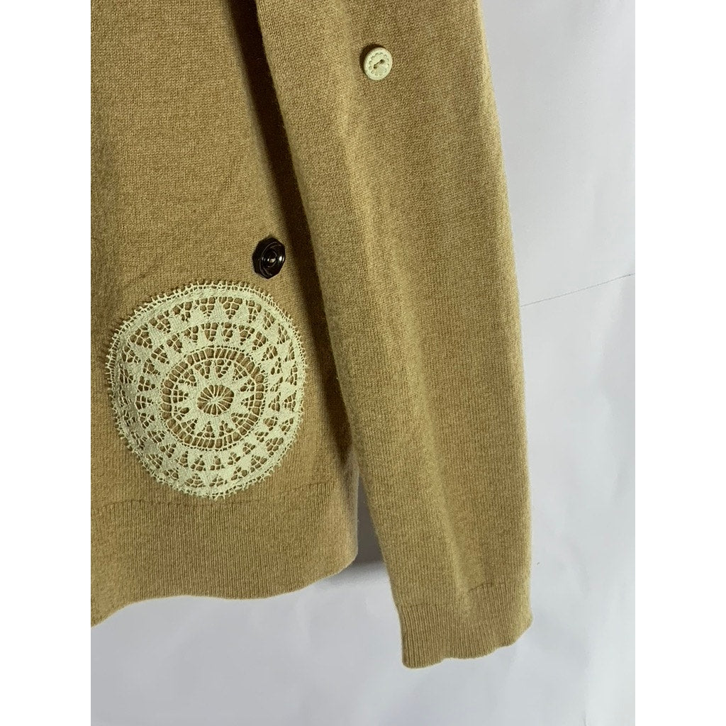FLORAL AVE Women's Tan Cashmere Patch/Button Design Button-Up Cardigan SZ S