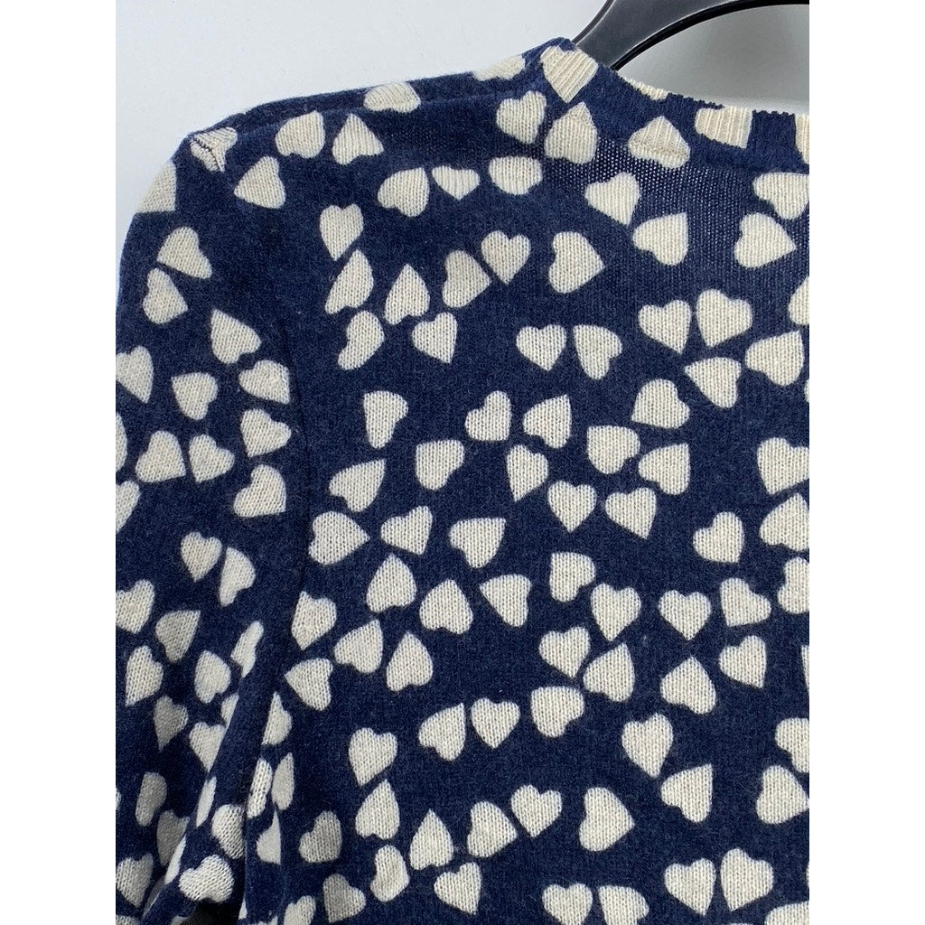 EQUIPMENT FEMME Women’s Navy-White Cashmere Heart Print Crewneck Sweater SZ S