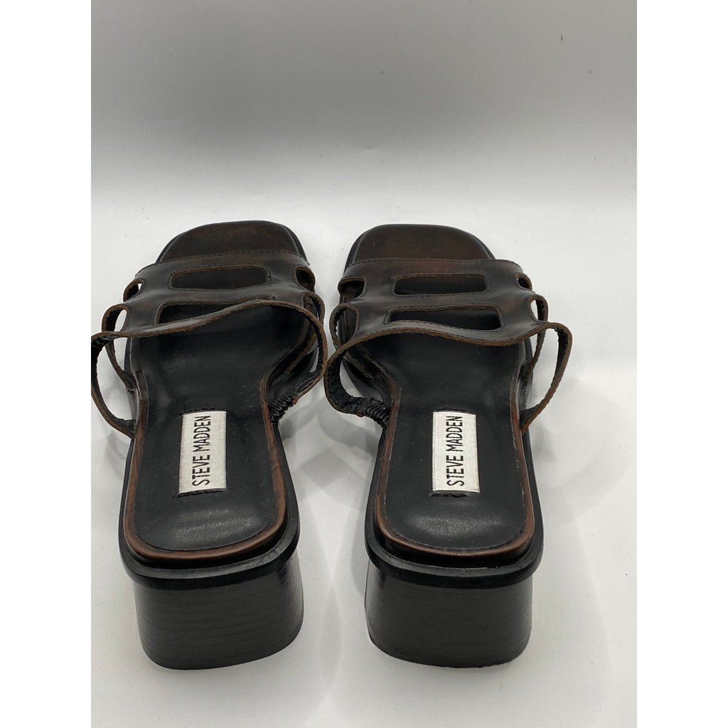 STEVE MADDEN Women's Brown Leather Square-Toe Block-Heel Slide Sandals SZ 7
