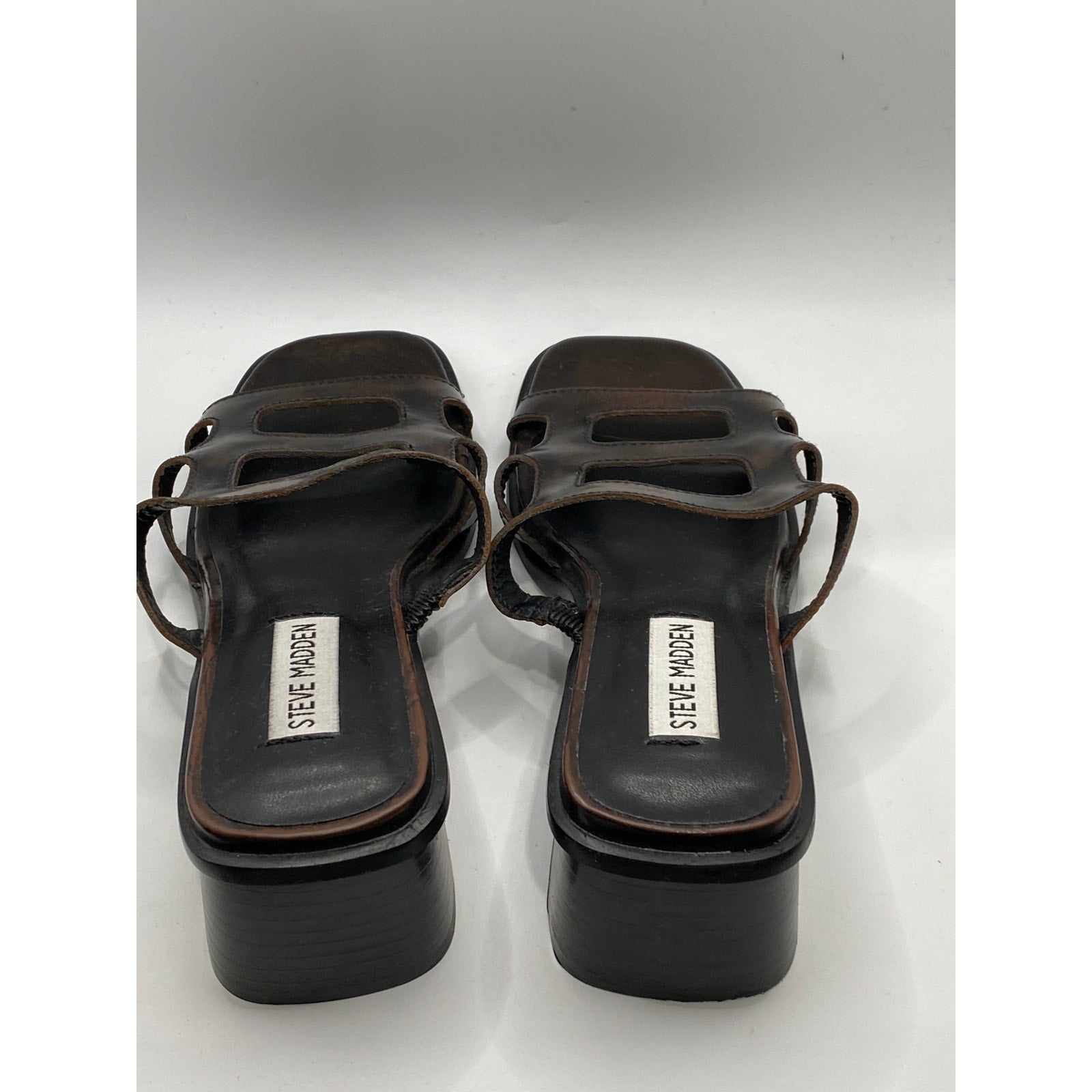 STEVE MADDEN Women's Brown Leather Square-Toe Block-Heel Slide Sandals SZ 7