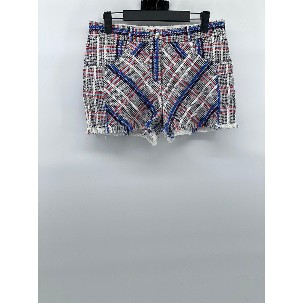 REBECCA MINKOFF Women's Black-Red-Blue Tweed Raw-Hem Shorts SZ 2
