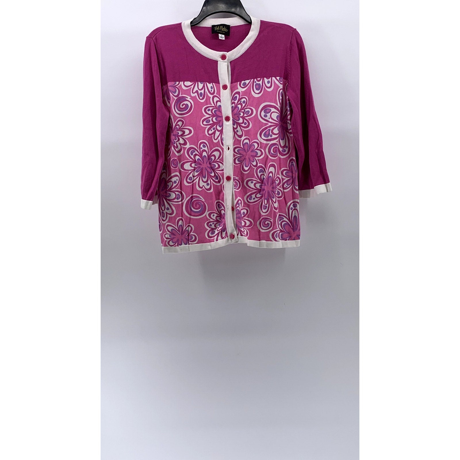 BOB MACKIE Women's Pink Wearable Art Floral Button-Up Long Sleeve Cardigan SZ S