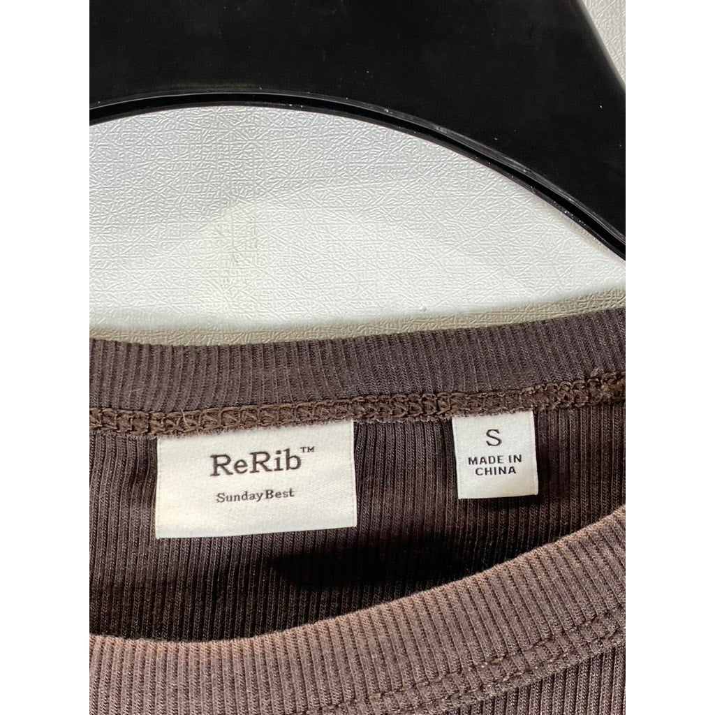 SUNDAY BEST ReRib Women's Dark Brown Ribbed Crewneck Long Sleeve Top SZ S