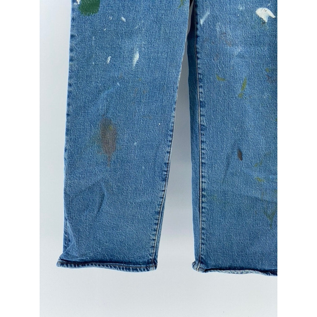 LEVI'S Women's Medium Blue Distressed Ribcage Straight Button-Fly Jeans SZ 28