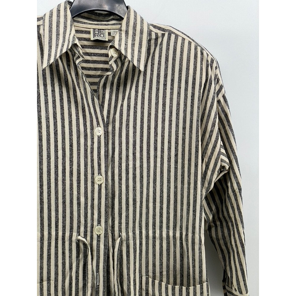 THE HE-RO GROUP Women's Vintage Black-Off White Striped Shirt Dress SZ 12