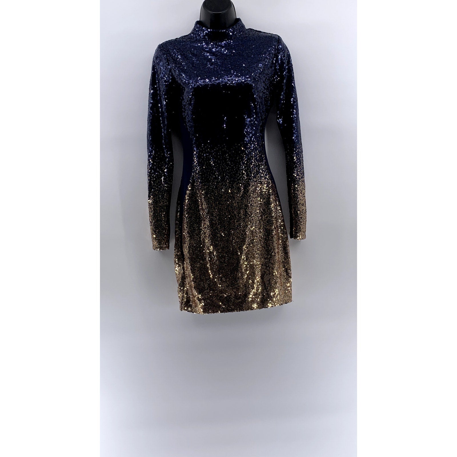 FASHION NOVA Women's Navy-Gold Ombre Sequin Dimmed With Smoke Mini Dress SZ S