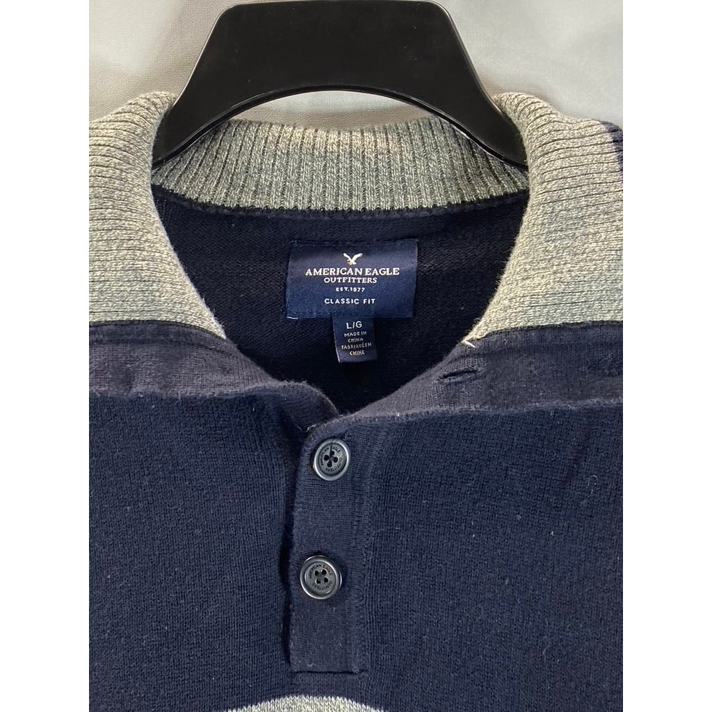 AMERICAN EAGLE Men's Navy/Grey Large Stripe Classic-Fit Pullover Sweater SZ L