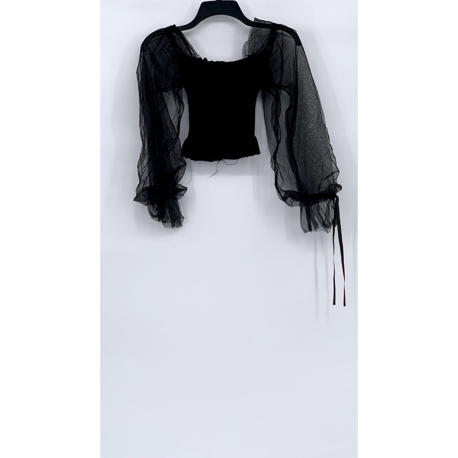 UNBRANDED Women’s Black Mesh Balloon Long Sleeve Smocked Crop Top SZ XS