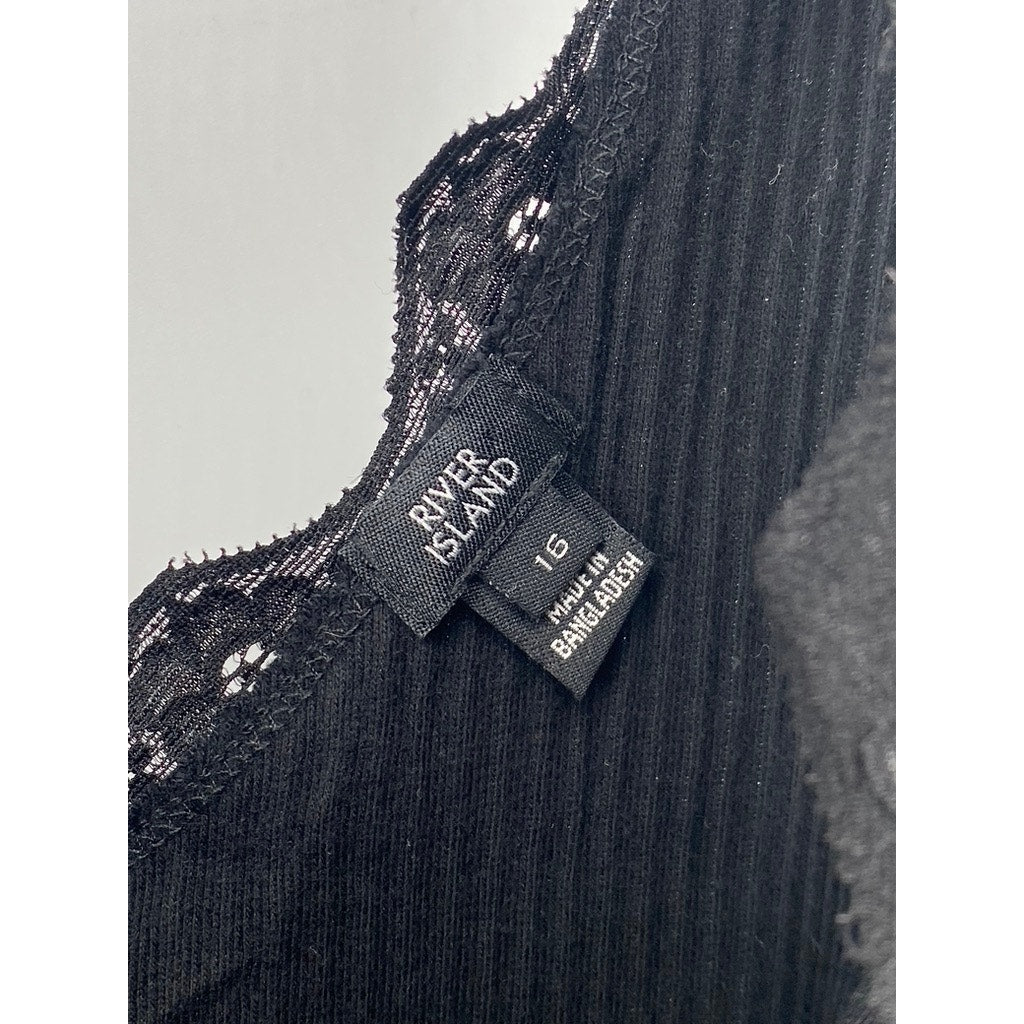 RIVER ISLAND Women's Black Wide-Rib Lace-Trim V-Neck Tank Top SZ 12