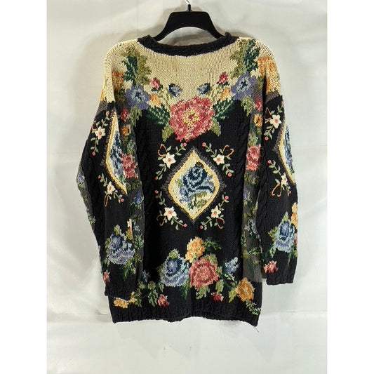 CRYSTAL-KOBE Women's Black Vintage Floral Thick Knit Crewneck Sweater SZ M