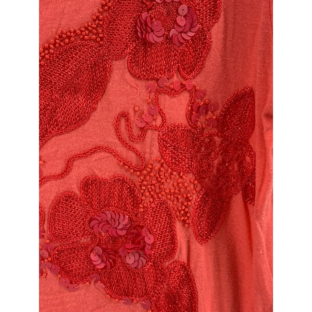 POPURI Women's Orange Hand Embellished Floral Short Sleeve Top SZ L