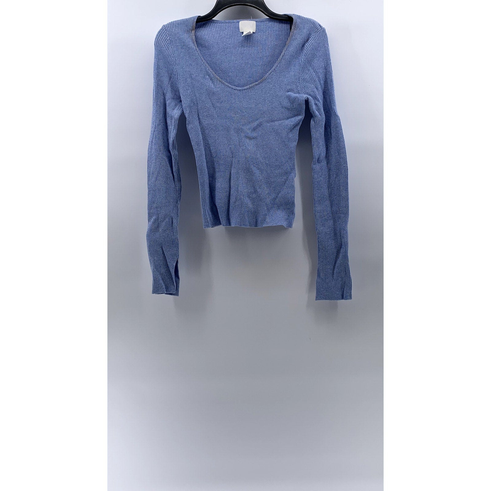 H&M Women's Blue Ribbed Scoop-Neck Long Sleeve Top SZ M