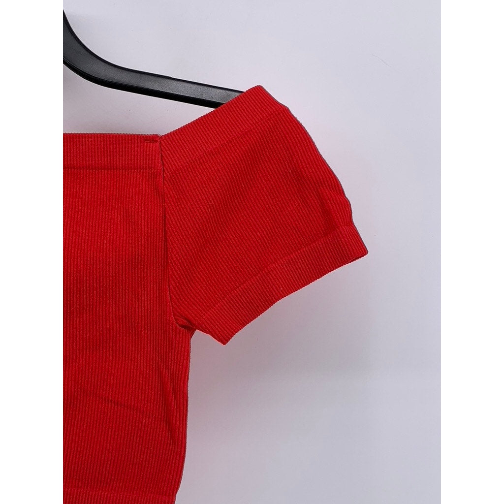 PAPAYA Women's Red Ribbed Off-The-Shoulder Cropped Top SZ S/M