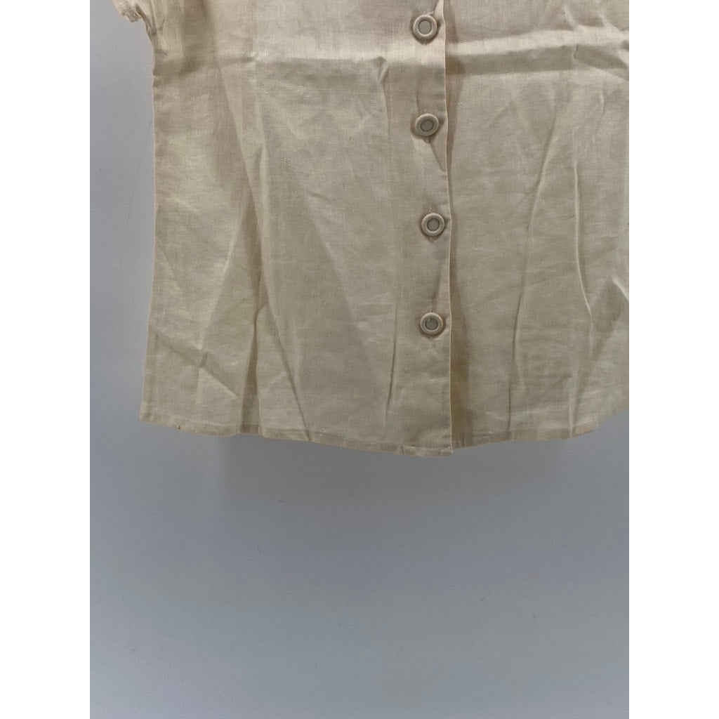 UNBRANDED Women's Beige Linen Short Sleeve Button-Up Top SZ 4