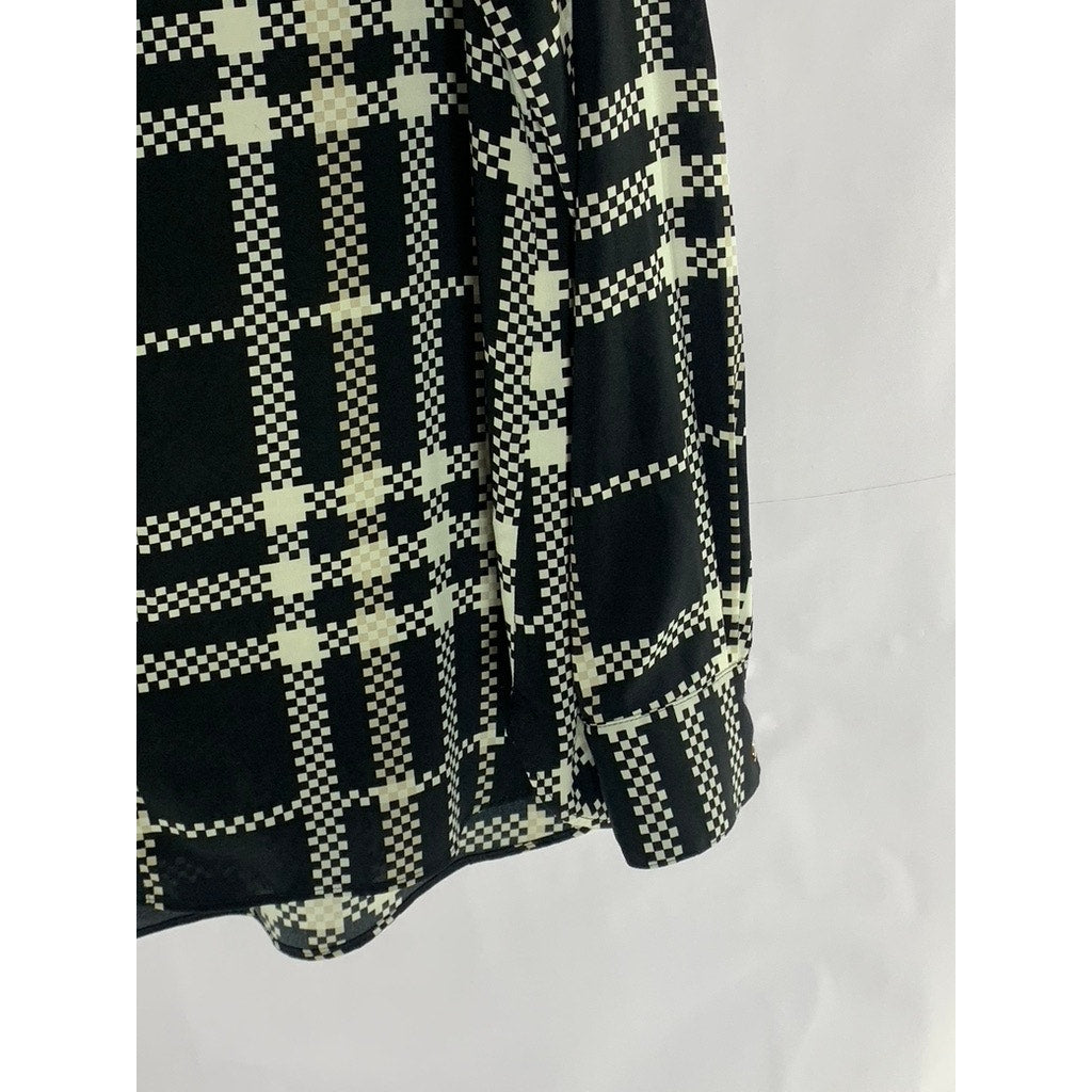 CALVIN KLEIN Women's Black/White Plaid Regular-Fit Button-Up Long Sleeve Top SZM