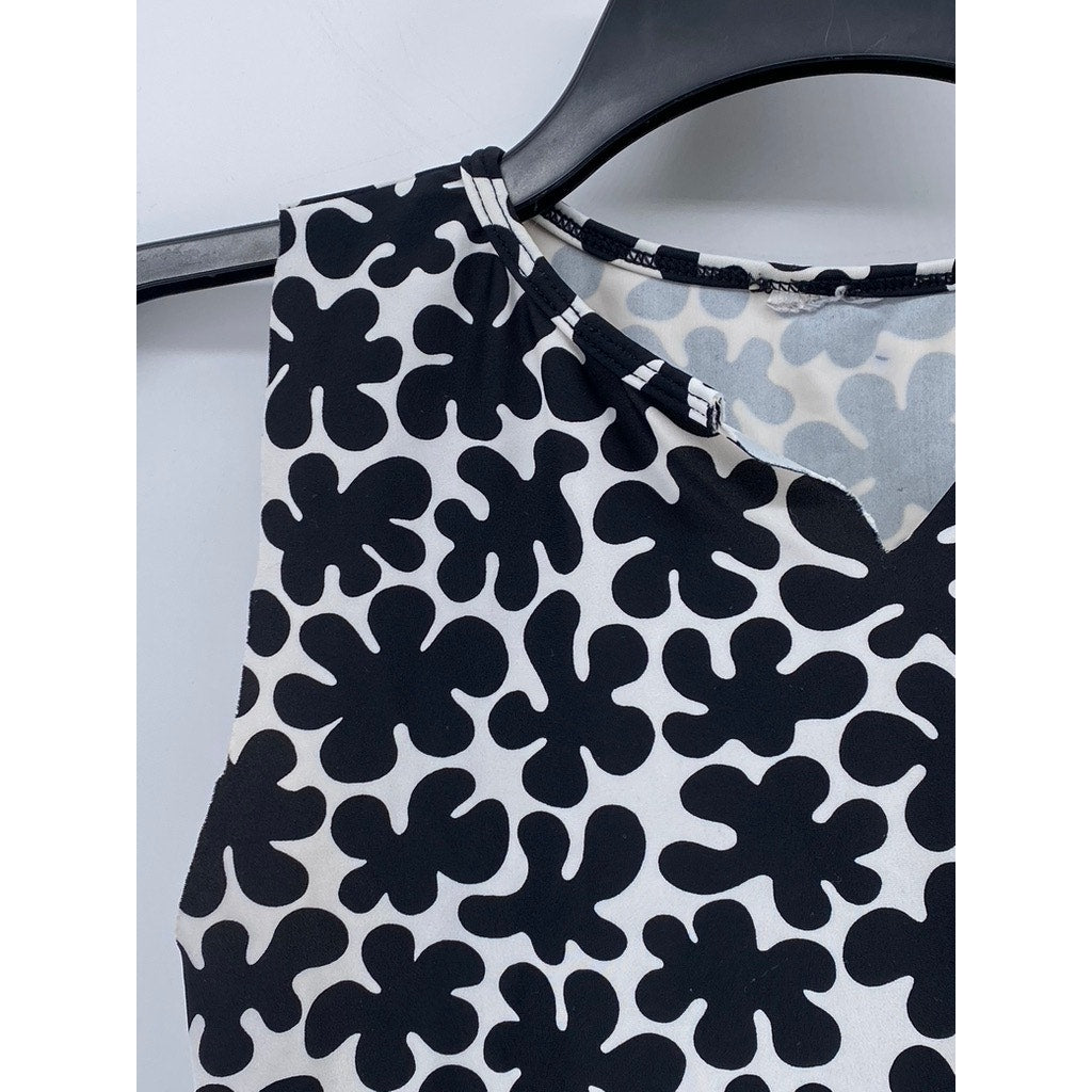 UNBRANDED Women's Black-White Floral Split-Neck Crewneck Sleeveless Top SZ S