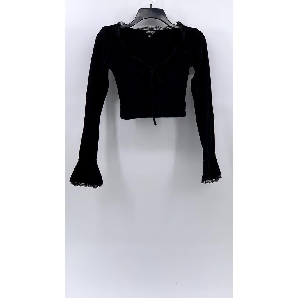 CURRENT MOOD Women's Black Lace-Trim Long Bell Sleeve Crop Top SZ S