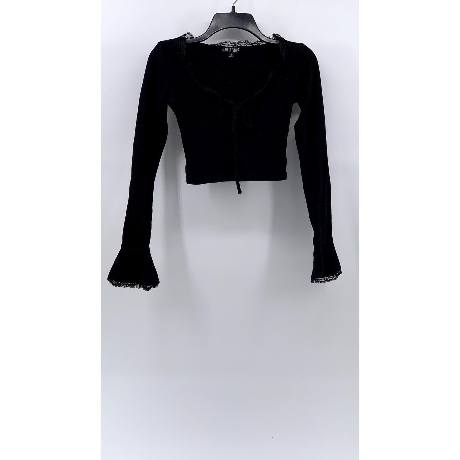 CURRENT MOOD Women's Black Lace-Trim Long Bell Sleeve Crop Top SZ S
