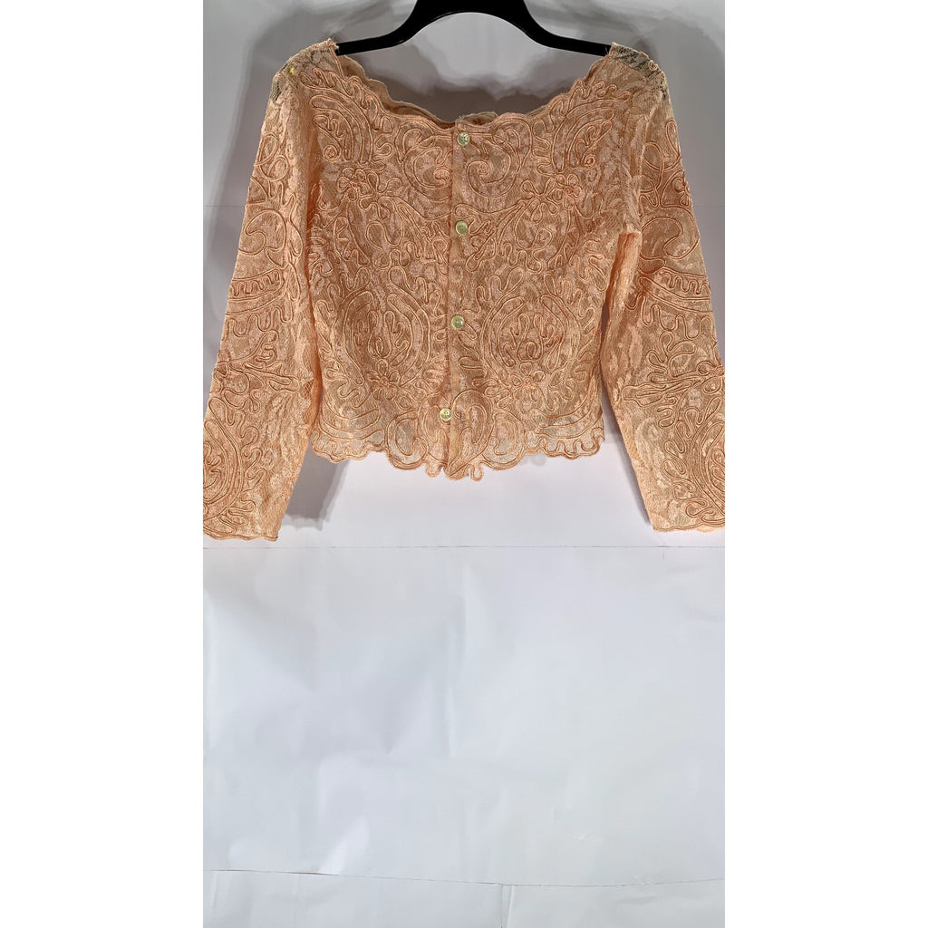 UNBRANDED Women's Pink Embroidered Lace Button-Up Long Sleeve Top SZ S