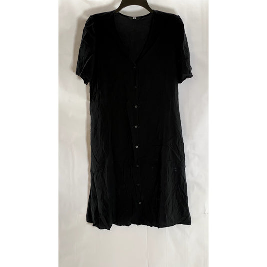 UNIQLO Women's Black Solid V-Neck Short Sleeve Button-Front Midi Dress SZ L