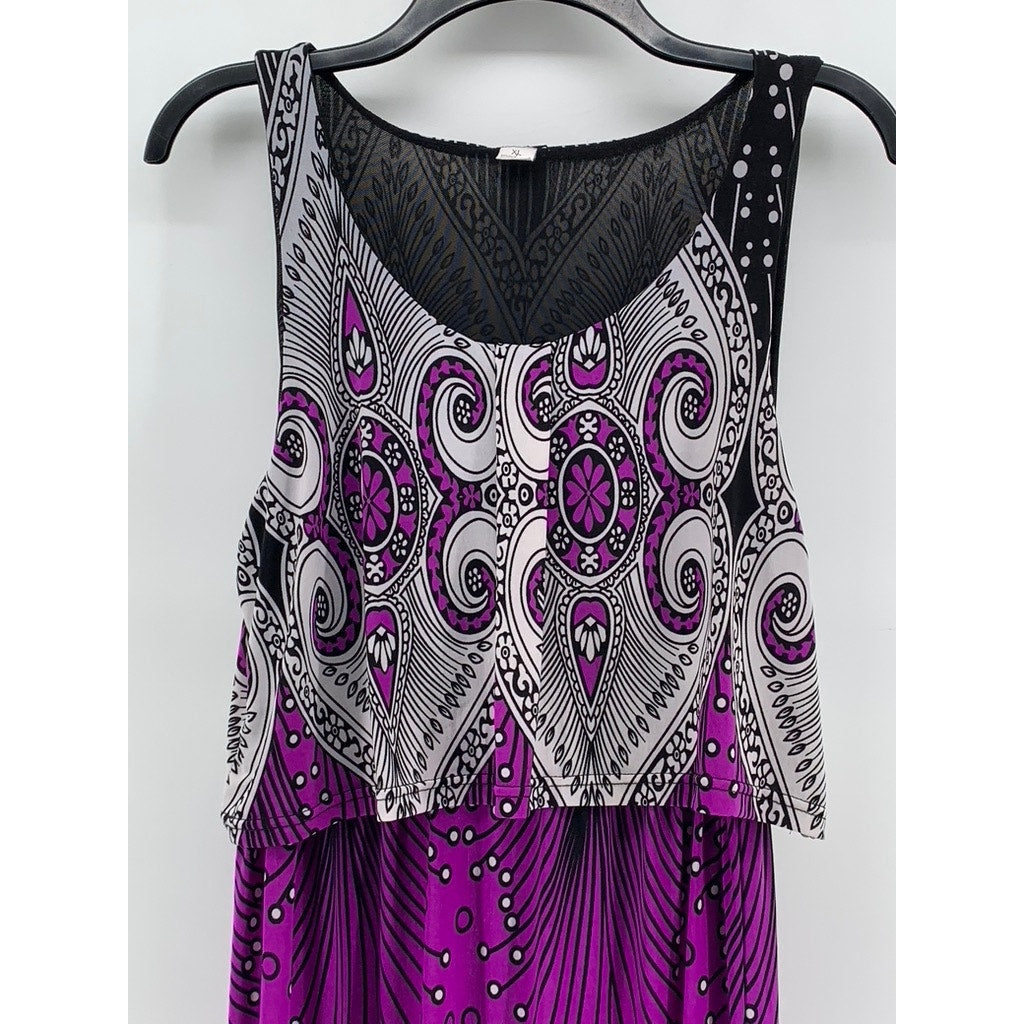 UNBRANDED Women's Purple-Black Silk Blend Printed Sleeveless Maxi Dress SZ XL