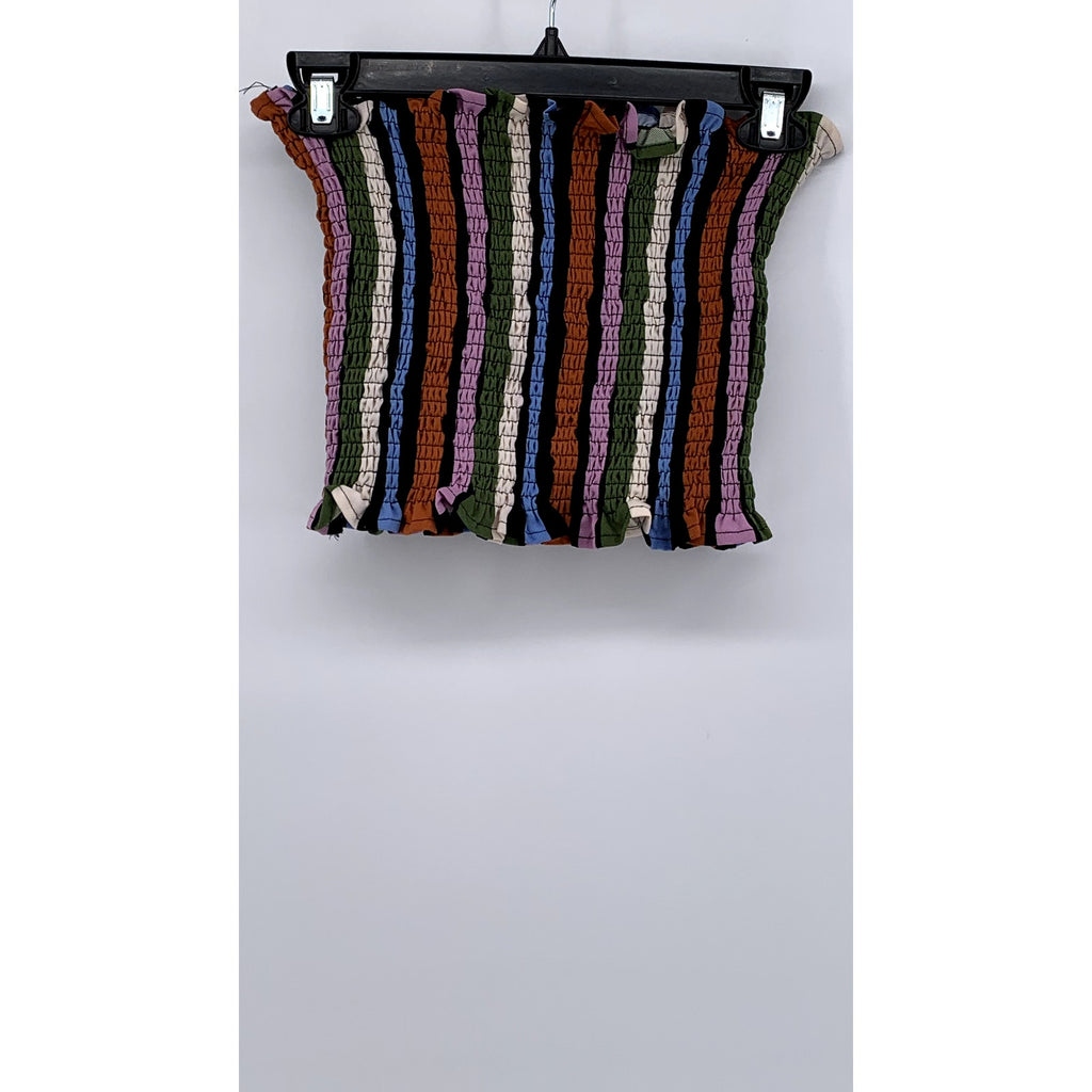 UNBRANDED Women's Black-Multi Smocked Striped Strapless Crop Top SZ L