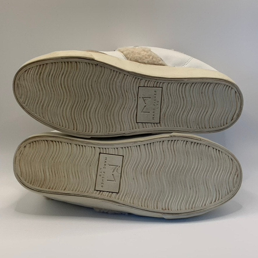 MARC FISHER LTD Women's White/Tan Mello Faux Sherpa Trim Lace-Up Sneakers SZ 8