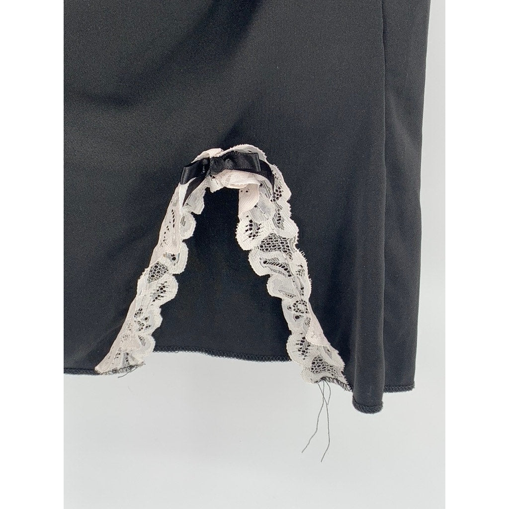 UNBRANDED Women's Black-White Lace-Trim V-Neck Spaghetti Strap Sleep Dress SZ M