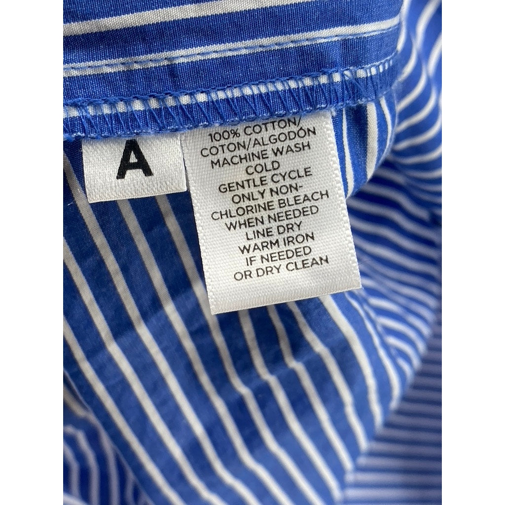 LOFT Women's Blue-White Striped Button-Up Round-Hem Long Sleeve Top SZ S